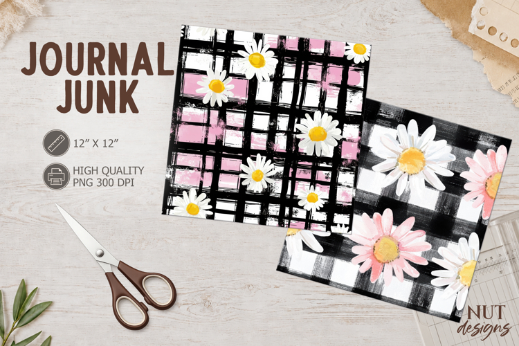 Pink Daisy Plaid Journal junk Summer digital paper