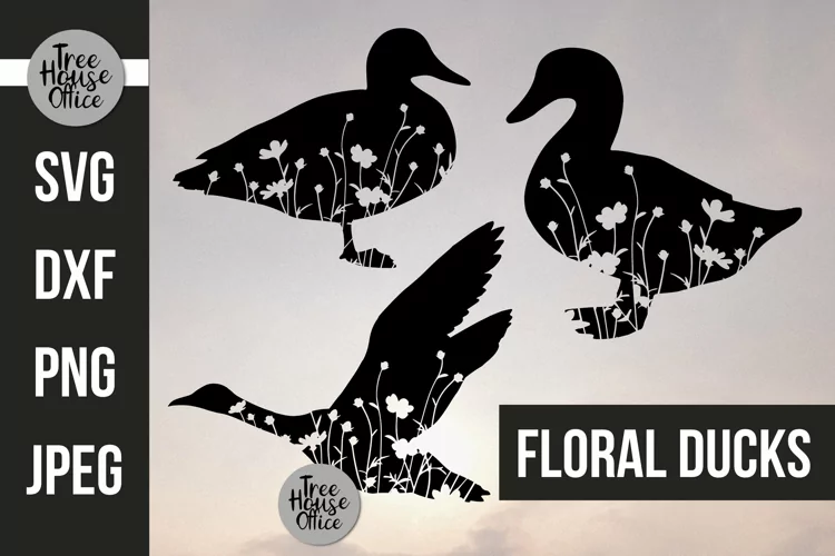 Floral Duck SVG, Duck Silhouette with Flowers, Flying Duck