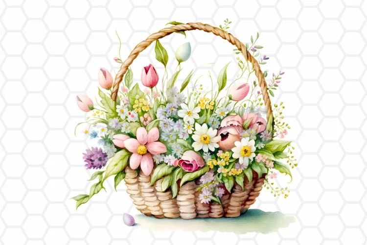 Floral Easter Basket Watercolor Clipart, Sublimation PNG