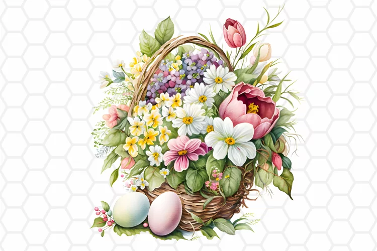 Floral Easter Basket Watercolor Clipart, Sublimation PNG