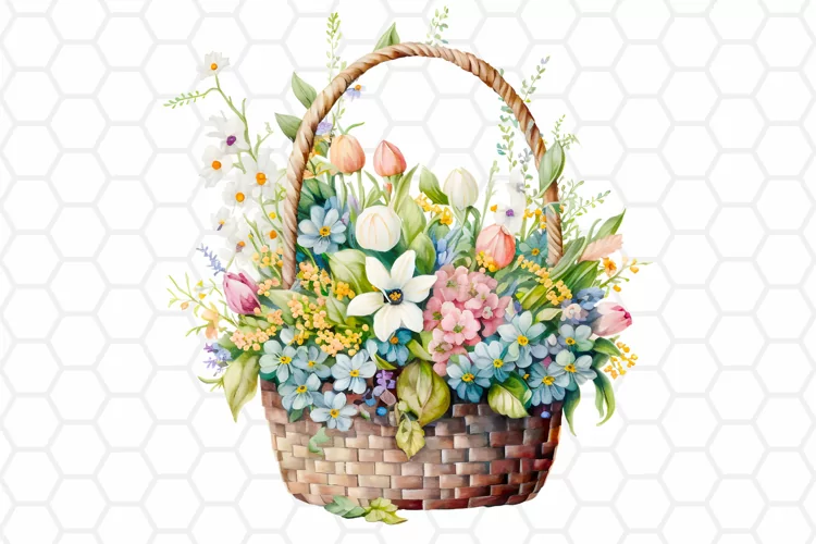Floral Easter Basket Watercolor Clipart, Sublimation PNG