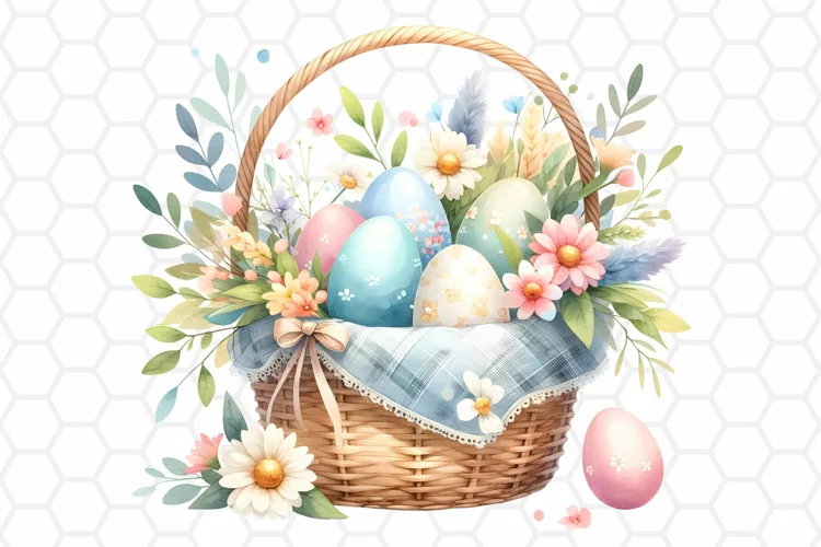 Floral Easter Basket Watercolor Clipart, Sublimation PNG