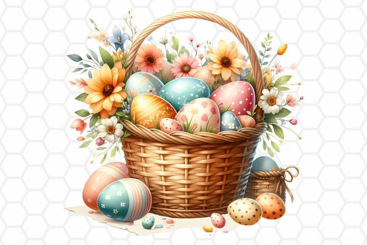 Floral Easter Basket Watercolor Clipart, Sublimation PNG