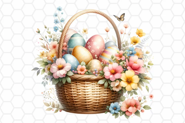 Floral Easter Basket Watercolor Clipart, Sublimation PNG