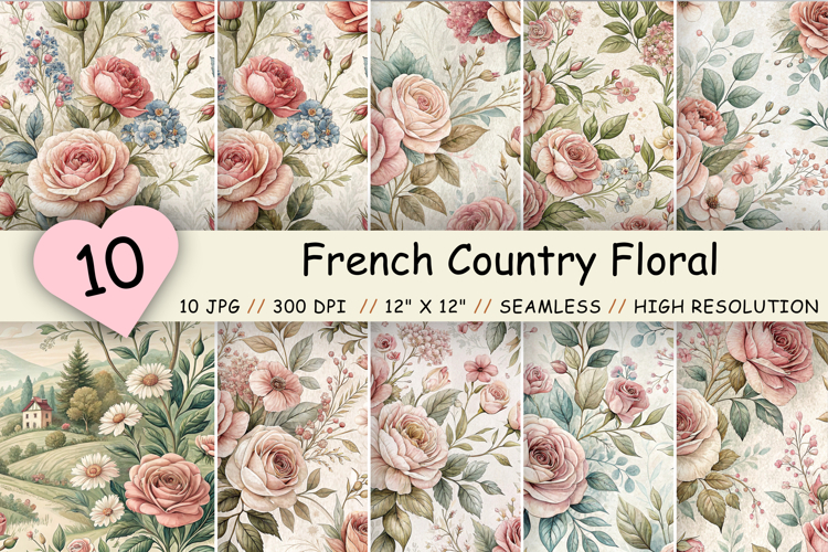 French Country Floral Seamless Digital Paper, Shabby Chic