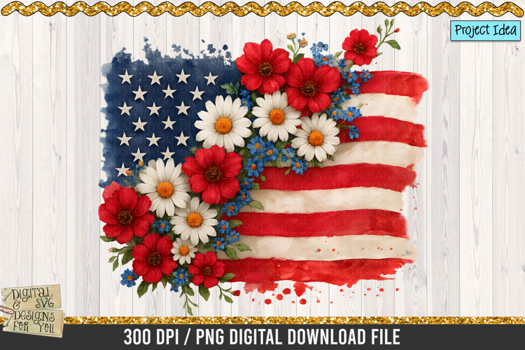 Floral American Flag PNG, 4th of July Sublimation