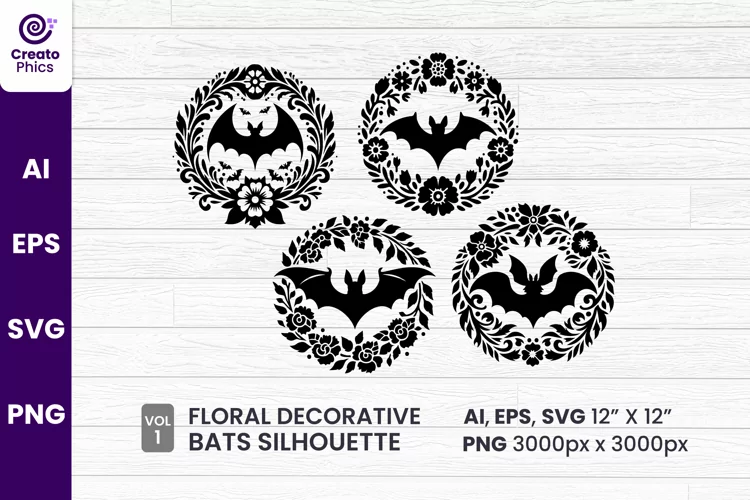 floral decorative bat silhouette sublimation SVG vol 1
