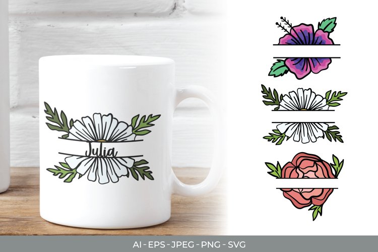 Beautiful Blooming Flowers with Leaves, Split Monogram Set