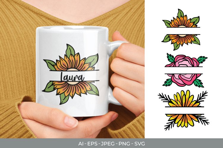 Split Colorful Sunflower, Rose and Daisy with Text Space Set