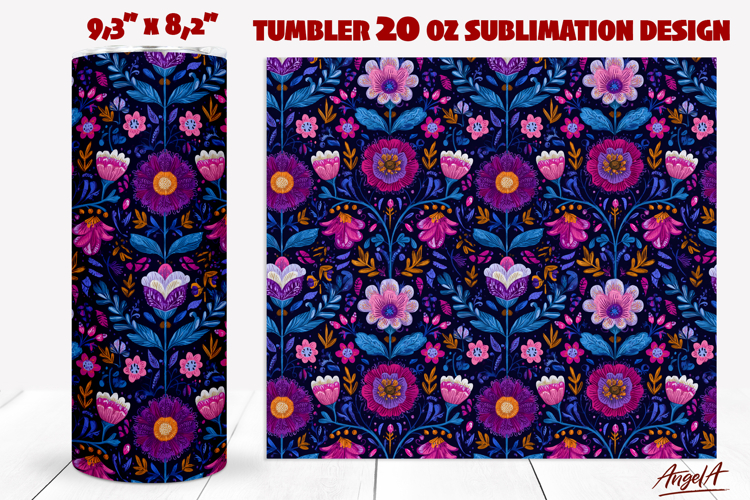 Folk art flowers tumbler Purple Floral ethnic pattern PNG