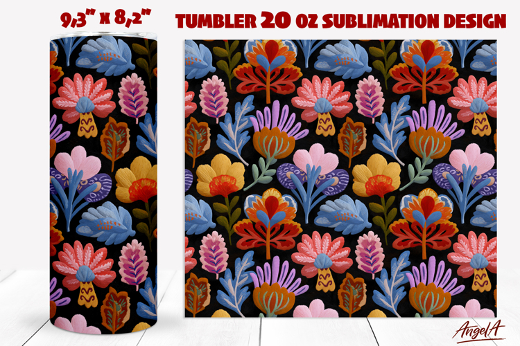 Folk art flowers tumbler Colorful Floral embroidery design