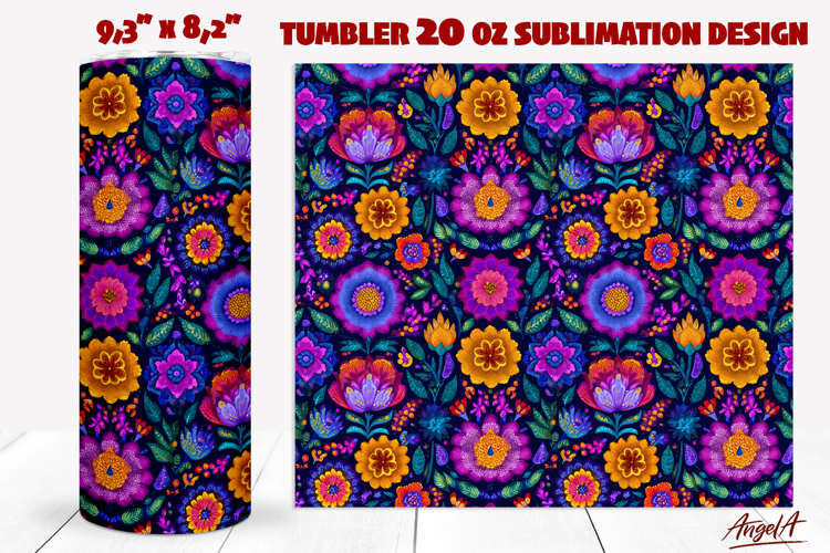 Colorful Floral ethnic pattern PNG Folk art flowers tumbler