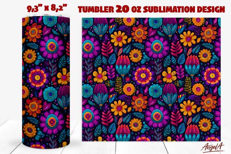 Hand drawn Floral ethnic pattern Folk art flowers tumbler