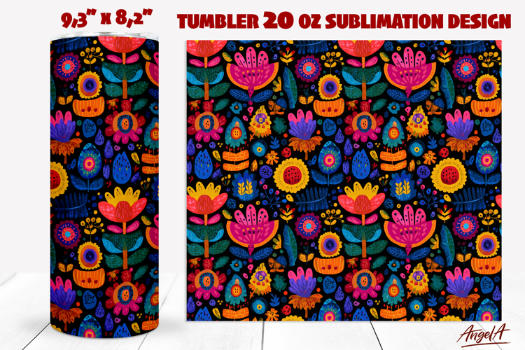 Hand drawn Floral tumbler Ethnic pattern Folk art flowers