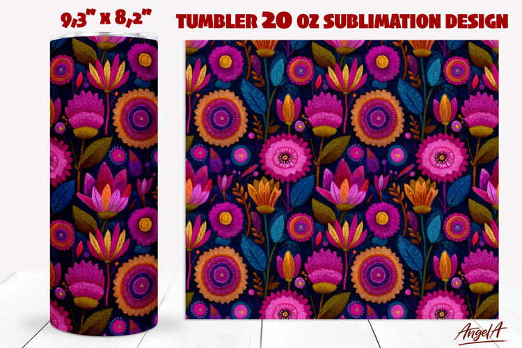 Folk art flowers tumbler Pink Floral embroidery design