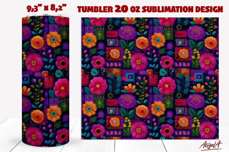 Folk art flowers tumbler Pink Floral embroidery design