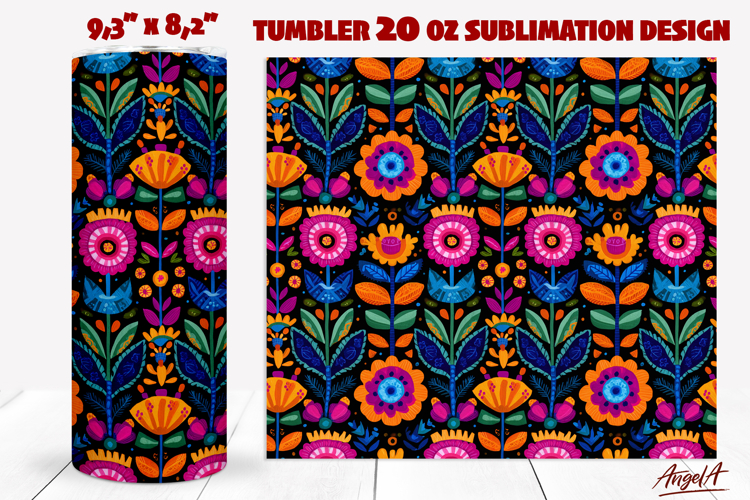 Folk art flowers tumbler Colorful Floral design sublimation