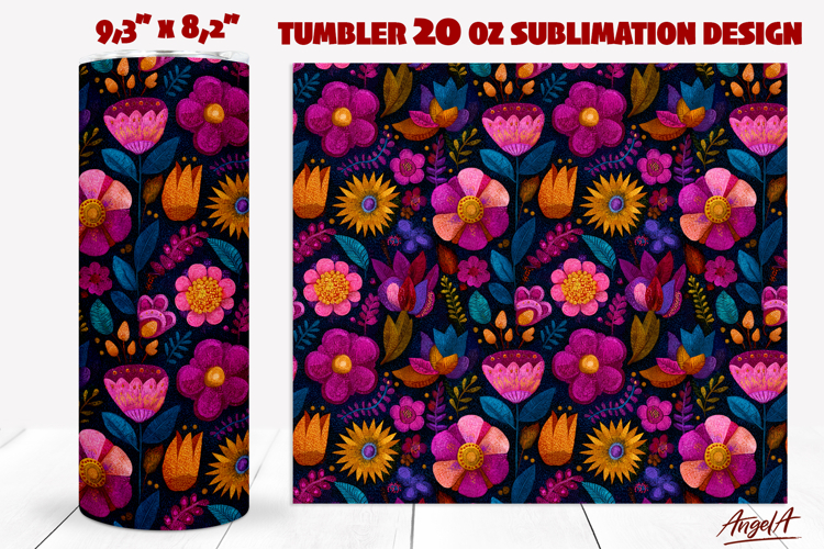 Folk art flowers tumbler Pink Floral embroidery design