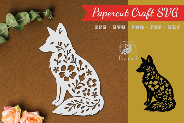 Floral Fox Paper Cut SVG