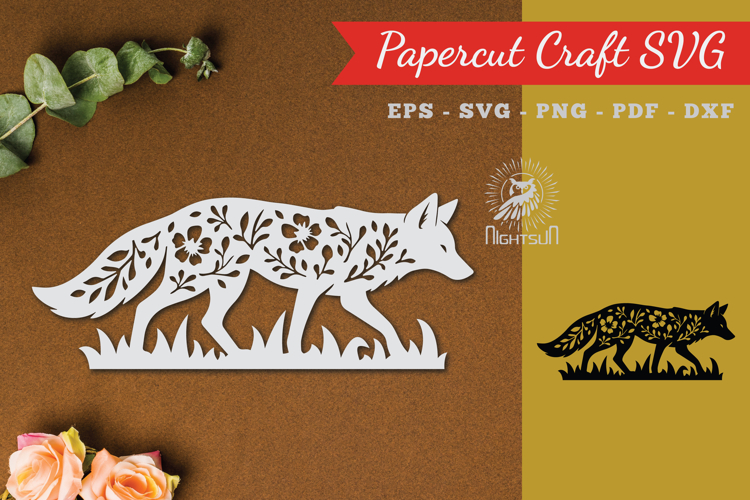Floral Fox Paper Cut SVG
