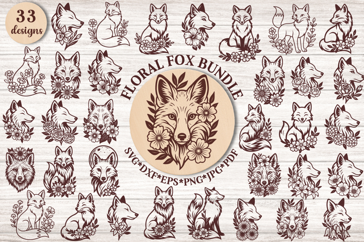Floral Fox SVG Bundle | 33 Flower Monoline Fox Cut Files