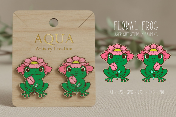 Whimsical Floral Frog Studs, Earring, Laser Cut SVG Template