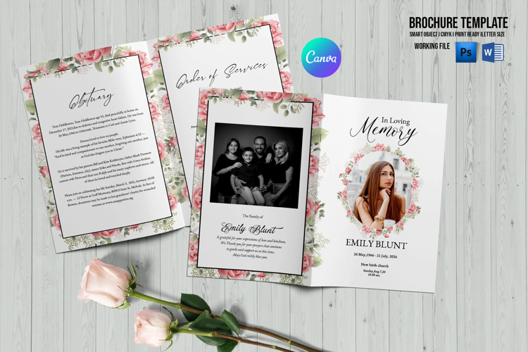 Elegant floral funeral program template for memorial services and celebrations of life. Fully editable, printable, and easy to personalize.