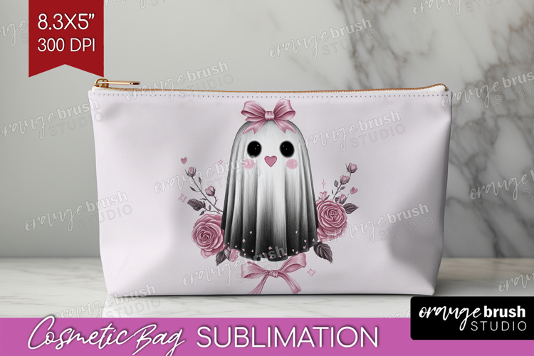 Floral Ghost Cute Cosmetic Bag Pink Halloween Makeup Bag PNG