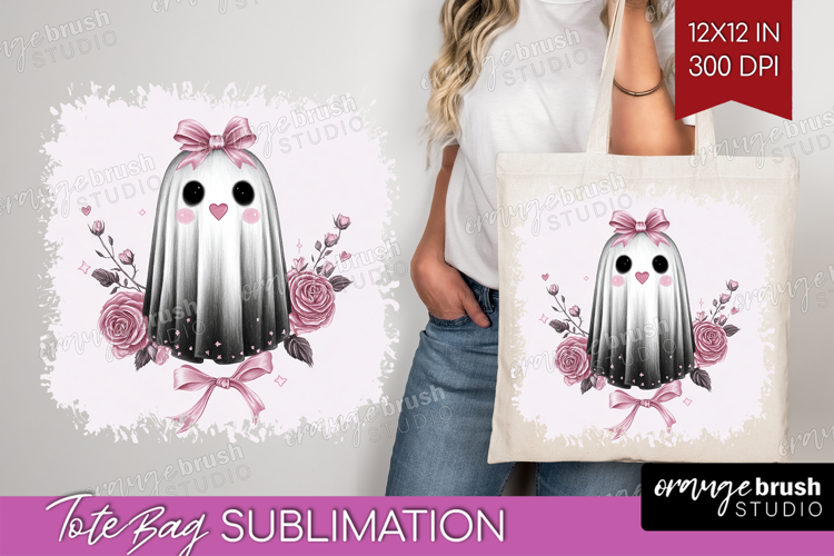 Floral Ghost Cute Tote Bag Pink Halloween Tote Bag PNG