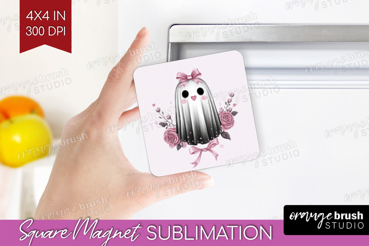 Floral Ghost Cute Magnet Sublimation Pink Halloween Square