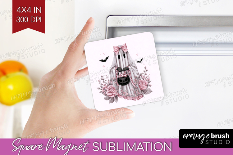 Floral Ghost Cute Magnet Sublimation Pink Halloween Square