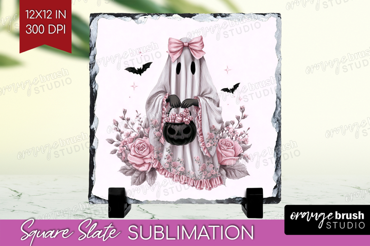 Floral Ghost Cute Slate PNG Pink Halloween Square Slate example image 1