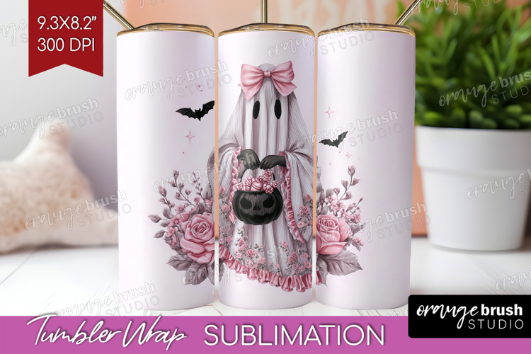 Floral Ghost Cute Tumbler Wrap Pink Halloween Tumbler PNG