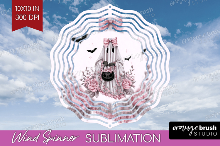 Floral Ghost Cute Wind Spinner Sublimation PNG Pink Round