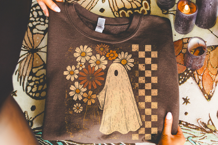 Floral Checkered Ghost PNG, Halloween PNG, Fall PNG, Spooky