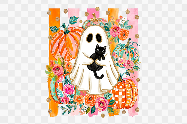 Floral Stripe Ghost Black Cat Cute Halloween Png Designs example image 1