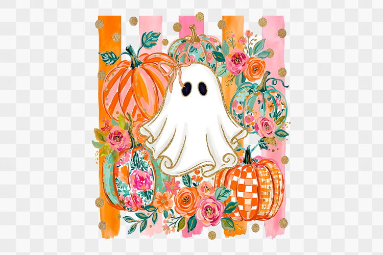 Preppy Stripe Ghosts Floral Bow Pumpkin Halloween Png Design example image 1