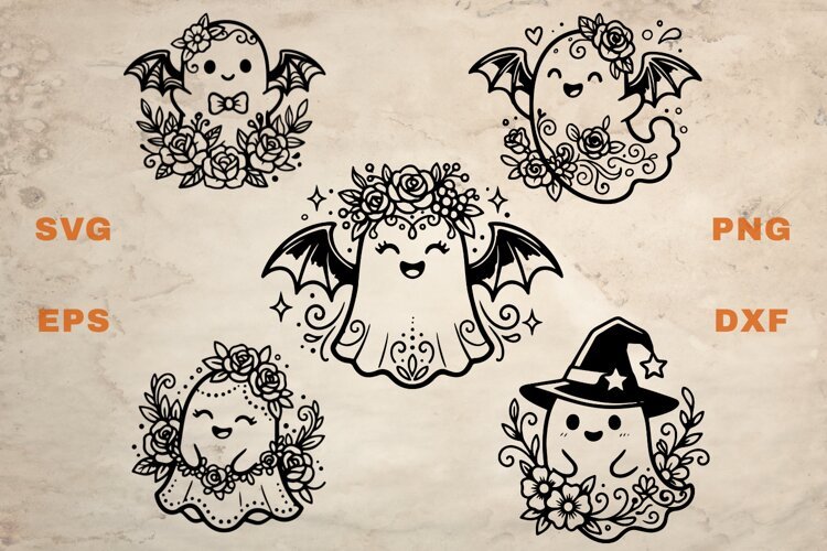 Halloween Cute Ghosts with Flowers SVG example image 1