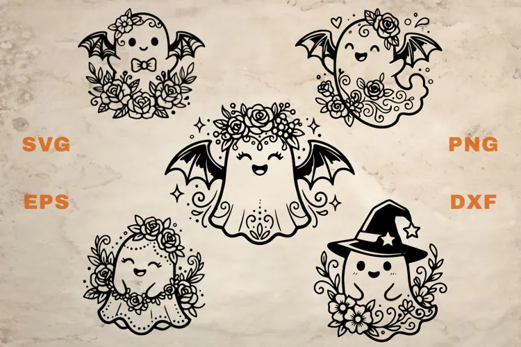 Halloween Cute Ghosts with Flowers SVG