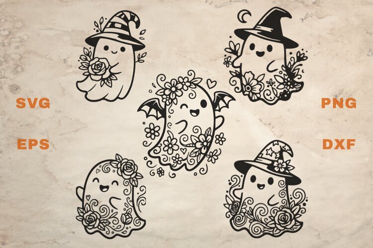 Cute Ghosts with Flowers SVG example image 1