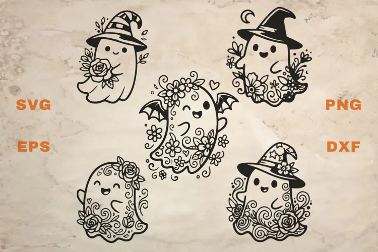 Cute Ghosts with Flowers SVG