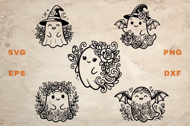 Witchy Ghosts with Flowers SVG example image 1