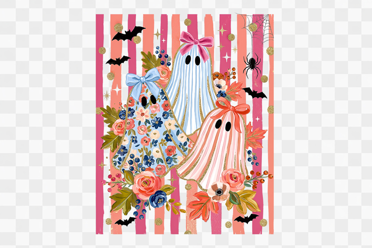 Preppy Fall Stripe Ghosts Floral Bow Png Design example image 1