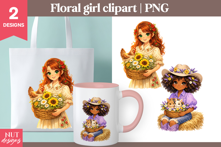 Country Floral Girl Clipart Spring Farm Girl clipart