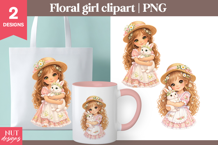 Floral Country girl Clipart Spring Farmhouse girl with bunny