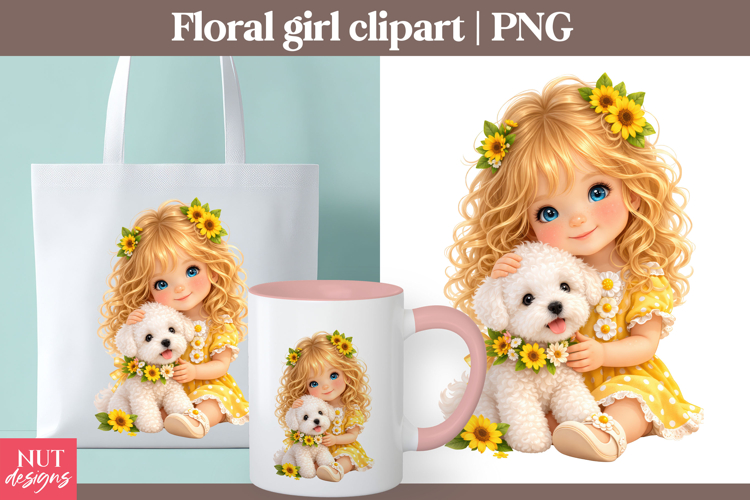 Floral Girl clipart Sunflower Girl With Puppy Scrapbooking
