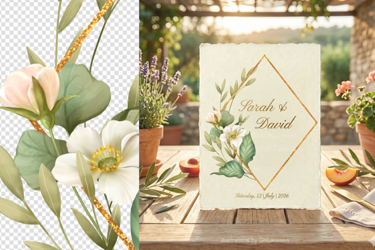 Floral Gold Diamond Frame Botanical PNG
