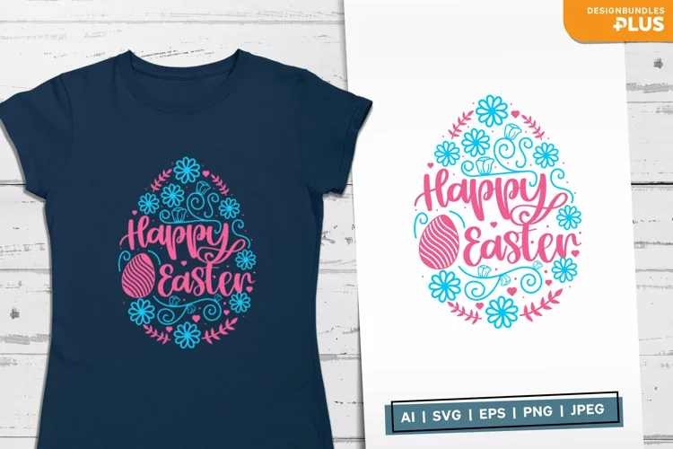 Happy Easter Text in Pink and Blue Floral Egg Shape