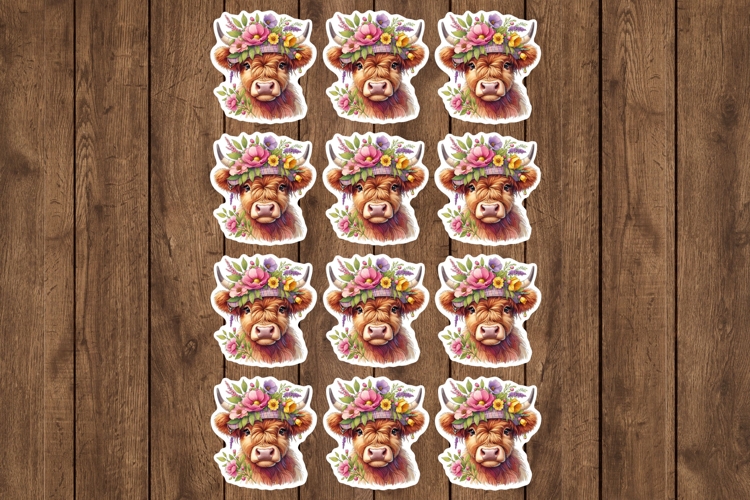 Floral Highland Cow Stickers - PNG Sticker Sheet