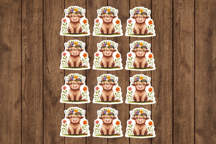 Floral Highland Cow Stickers - PNG Sticker Sheet
